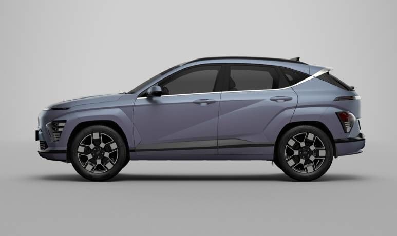 A left side view of a blue The all-new KONA Electric standing on a white studio background.